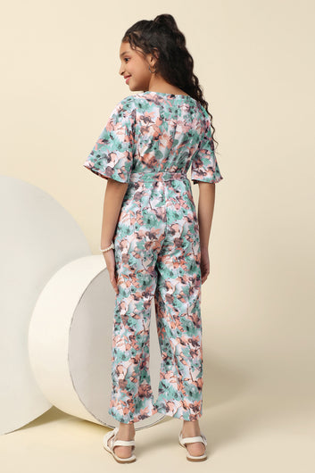 Girls Peach Cotton Blend Floral Printed A-Line Ankle Length Jumpsuit