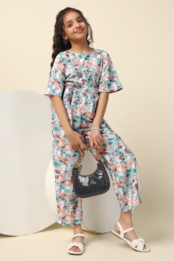 Girls Peach Cotton Blend Floral Printed A-Line Ankle Length Jumpsuit