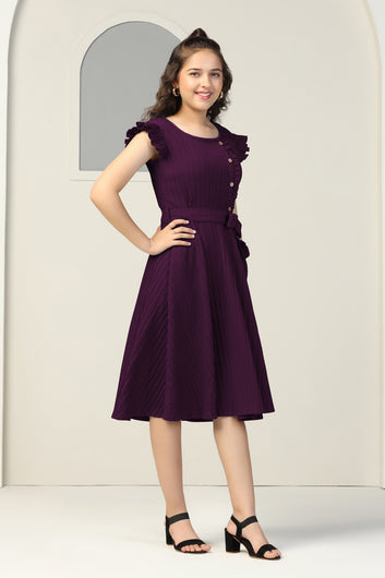 Girls Dark Purple Cottton Blend Solid Fit & Flare Casual Knee Length Dress