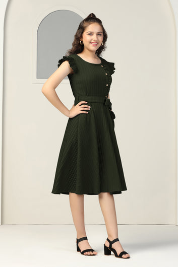 Girls Olive Cotton Blend Solid Fit & Flare Casual Knee Length Dress