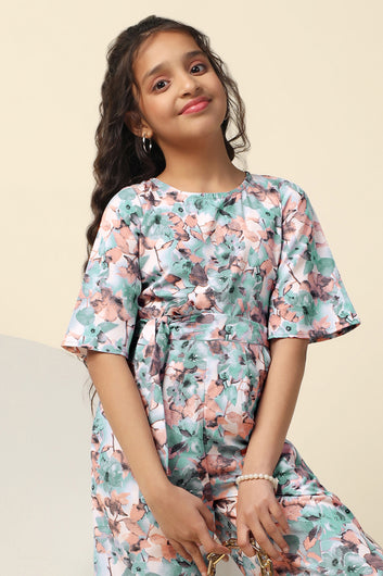 Girls Peach Cotton Blend Floral Printed A-Line Ankle Length Jumpsuit