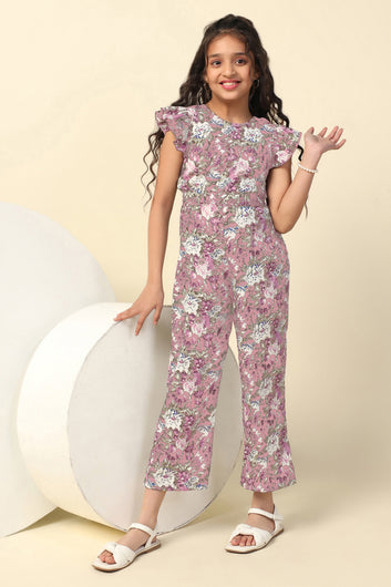 Girls Baby Pink Delta All-Over Floral Printed A-Line Ankle Length Jumpsuit