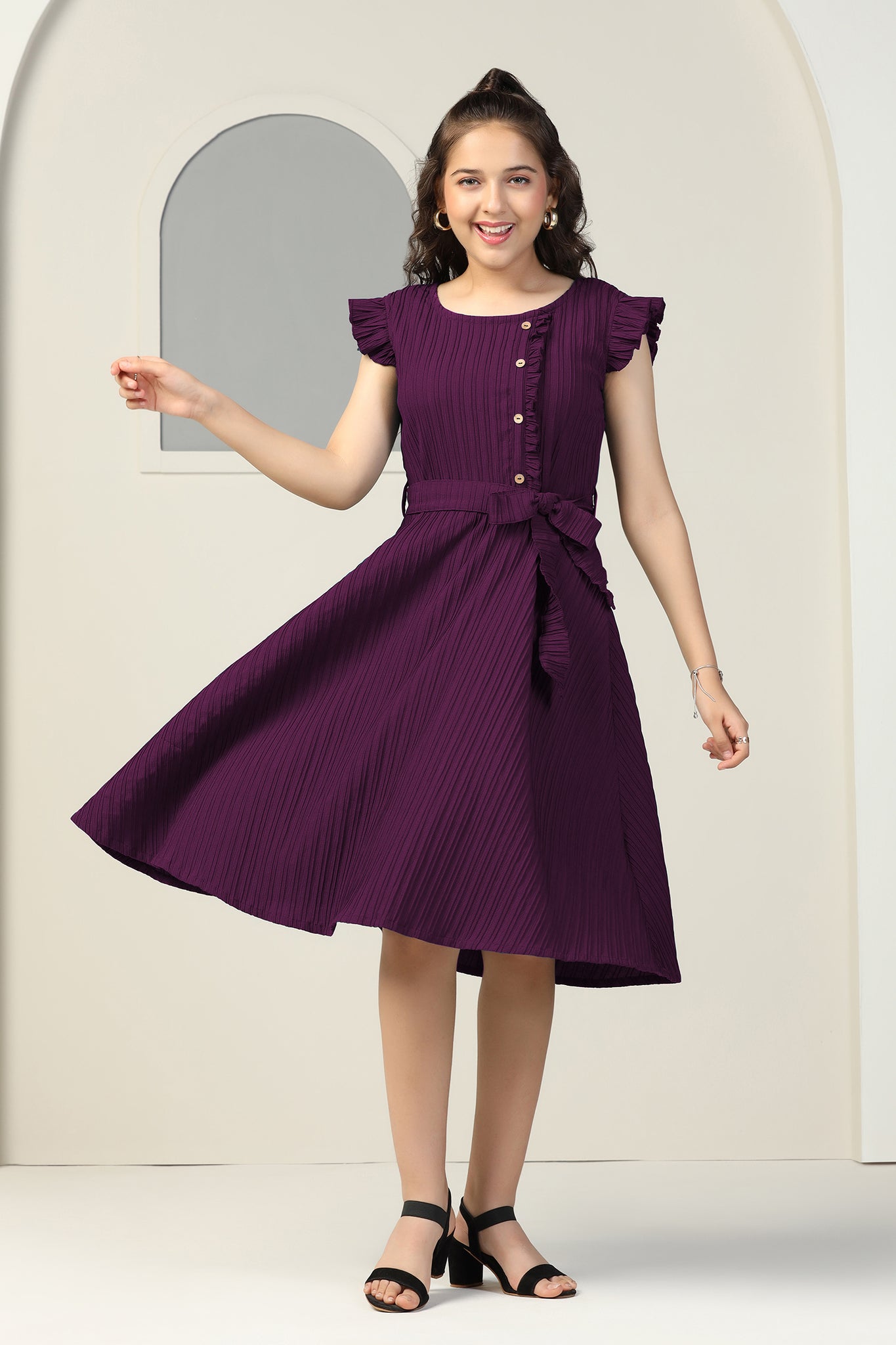 Girls Dark Purple Cottton Blend Solid Fit & Flare Casual Knee Length Dress