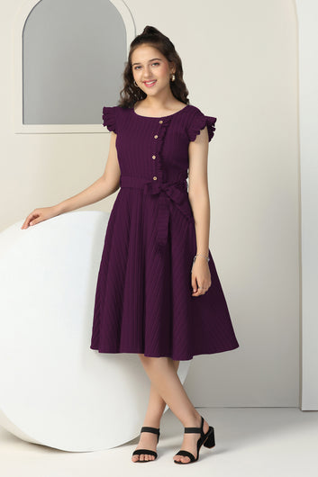 Girls Dark Purple Cottton Blend Solid Fit & Flare Casual Knee Length Dress