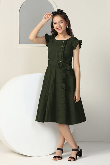 Girls Olive Cotton Blend Solid Fit & Flare Casual Knee Length Dress