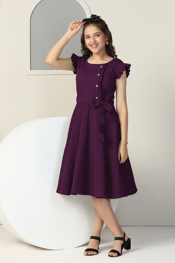 Girls Dark Purple Cottton Blend Solid Fit & Flare Casual Knee Length Dress