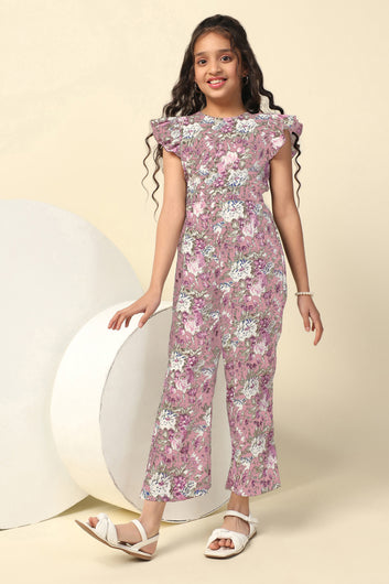 Girls Baby Pink Delta All-Over Floral Printed A-Line Ankle Length Jumpsuit