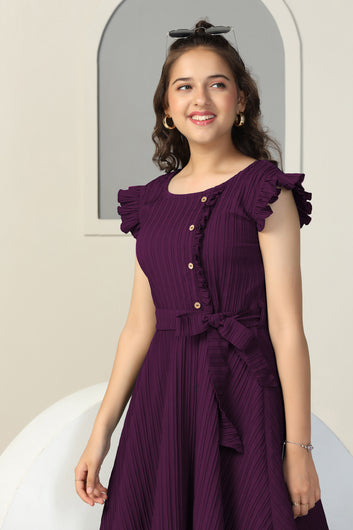 Girls Dark Purple Cottton Blend Solid Fit & Flare Casual Knee Length Dress