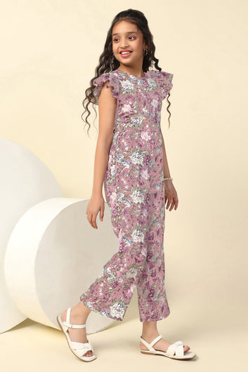 Girls Baby Pink Delta All-Over Floral Printed A-Line Ankle Length Jumpsuit