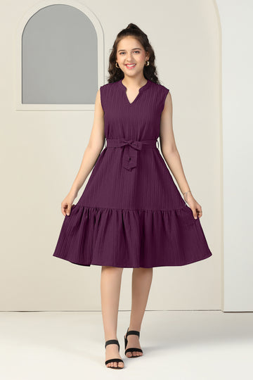 Girls Dark Purple Cotton Blend Solid Fit & Flare Casual Knee Length Dress