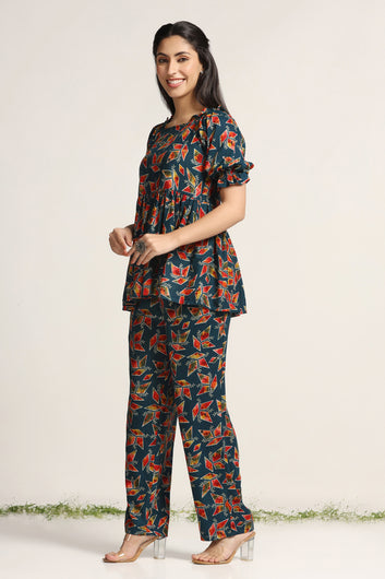 Womens Teal Blue Rayon Abstarct Printed Top with Trouser Set