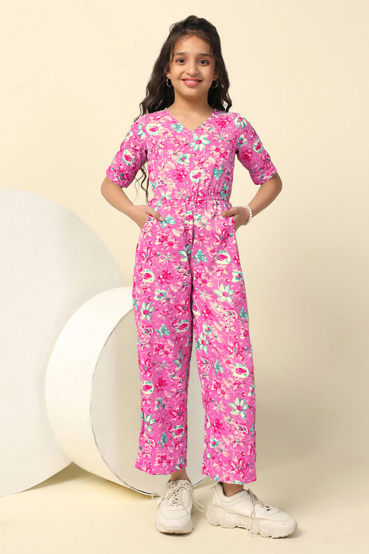 Girls Pink Cotton Blend Floral Printed A-Line Ankle Length Jumpsuit