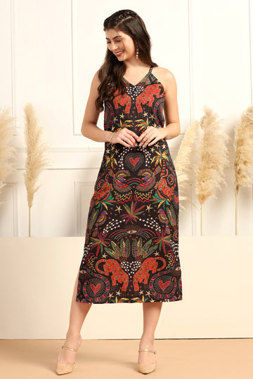 Womens Black Cotton Blend A-Line Animal Printed Midi Length Dress