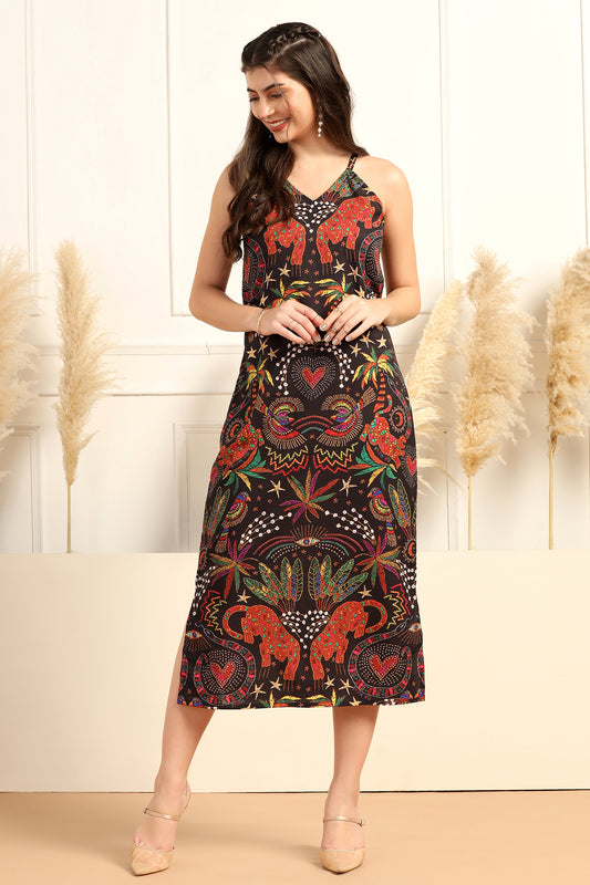 Womens Black Cotton Blend A-Line Animal Printed Midi Length Dress