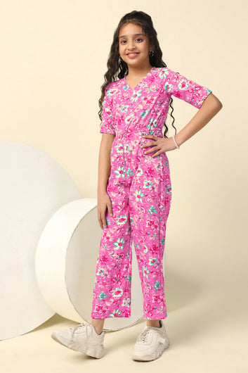 Girls Pink Cotton Blend Floral Printed A-Line Ankle Length Jumpsuit