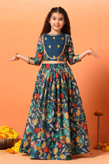 Girls Rama Chanderi Silk Floral Lehenga Choli And Dupatta Set