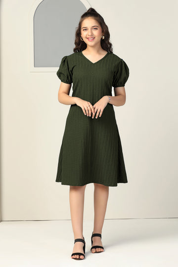 Girls Olive Cotton Blend Solid Fit & Flare Casual Knee Length Dress