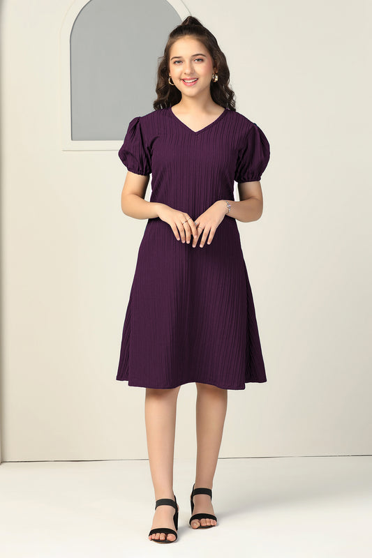 Girls Dark Purple Cotton Blend Solid Fit & Flare Casual Knee Length Dress