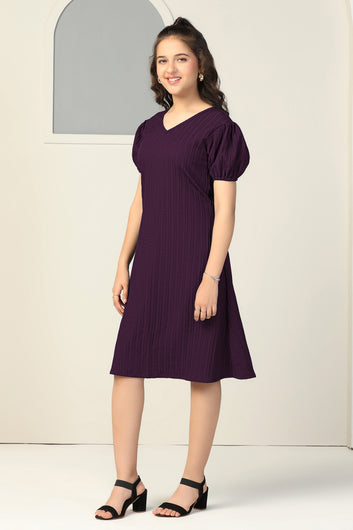 Girls Dark Purple Cotton Blend Solid Fit & Flare Casual Knee Length Dress