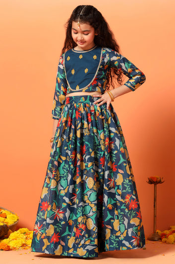 Girls Rama Chanderi Silk Floral Lehenga Choli And Dupatta Set
