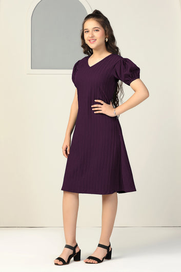 Girls Dark Purple Cotton Blend Solid Fit & Flare Casual Knee Length Dress