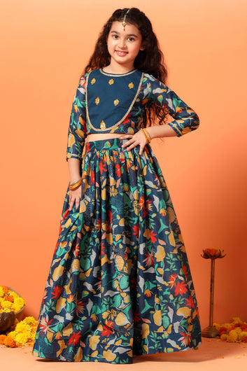 Girls Rama Chanderi Silk Floral Lehenga Choli And Dupatta Set