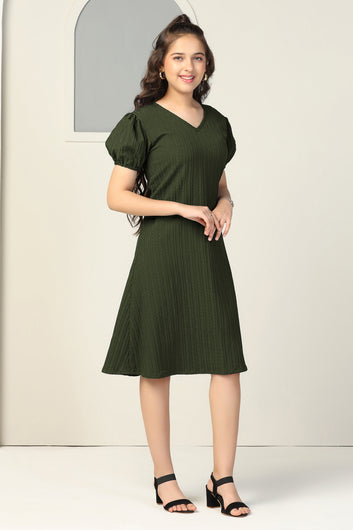 Girls Olive Cotton Blend Solid Fit & Flare Casual Knee Length Dress