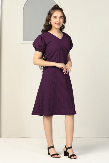 Girls Dark Purple Cotton Blend Solid Fit & Flare Casual Knee Length Dress