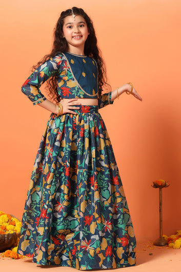 Girls Rama Chanderi Silk Floral Lehenga Choli And Dupatta Set