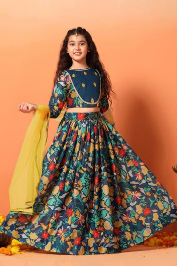 Girls Rama Chanderi Silk Floral Lehenga Choli And Dupatta Set