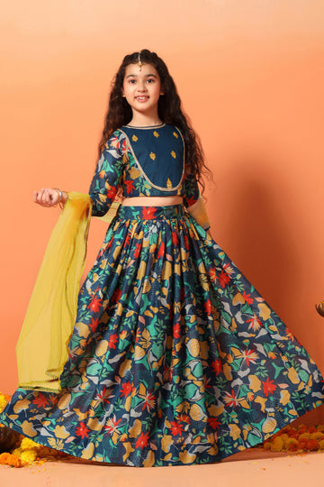 Girls Rama Chanderi Silk Floral Lehenga Choli And Dupatta Set