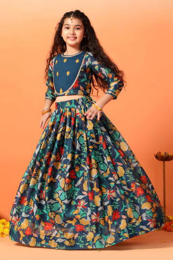 Girls Rama Chanderi Silk Floral Lehenga Choli And Dupatta Set