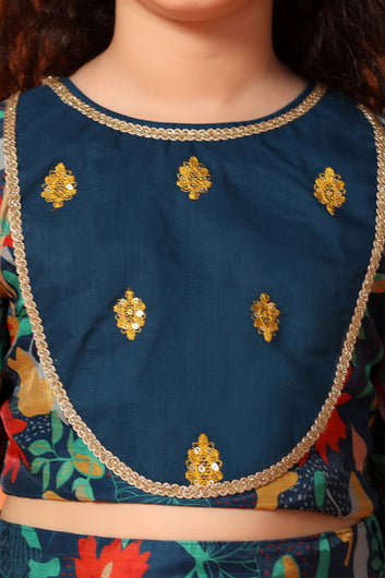 Girls Rama Chanderi Silk Floral Lehenga Choli And Dupatta Set