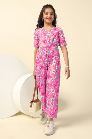 Girls Pink Cotton Blend Floral Printed A-Line Ankle Length Jumpsuit