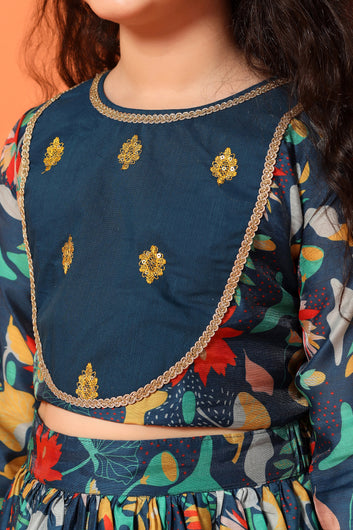 Girls Rama Chanderi Silk Floral Lehenga Choli And Dupatta Set