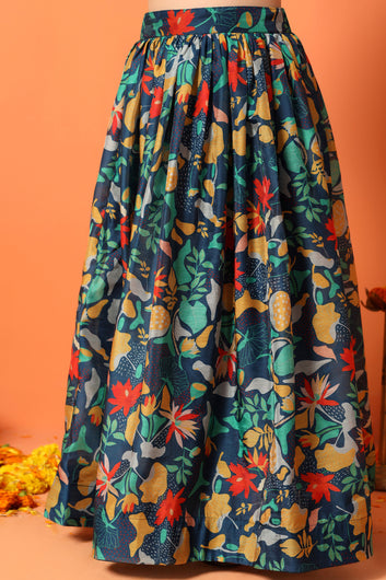 Girls Rama Chanderi Silk Floral Lehenga Choli And Dupatta Set