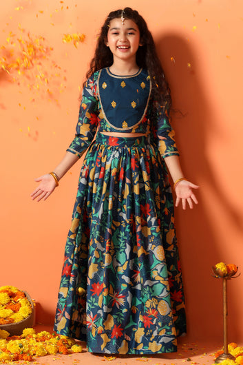 Girls Rama Chanderi Silk Floral Lehenga Choli And Dupatta Set