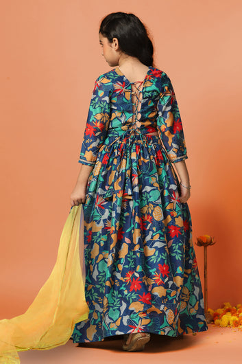 Girls Rama Chanderi Silk Floral Lehenga Choli And Dupatta Set