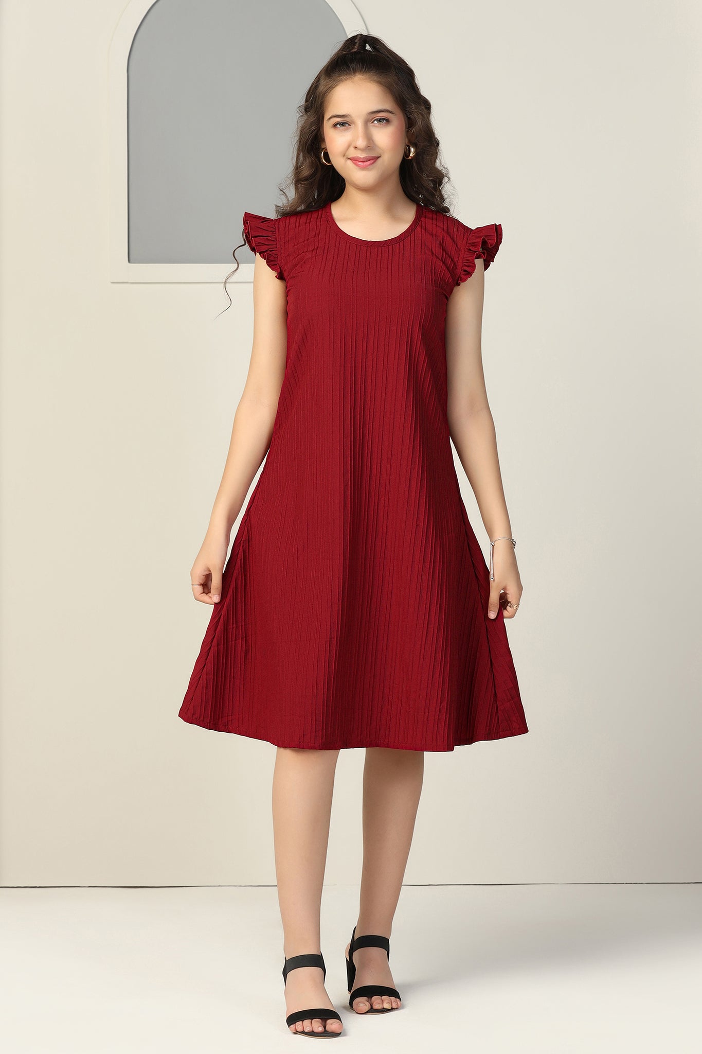 Girls Maroon Cotton Blend Solid A-line Casual Knee Length Dress