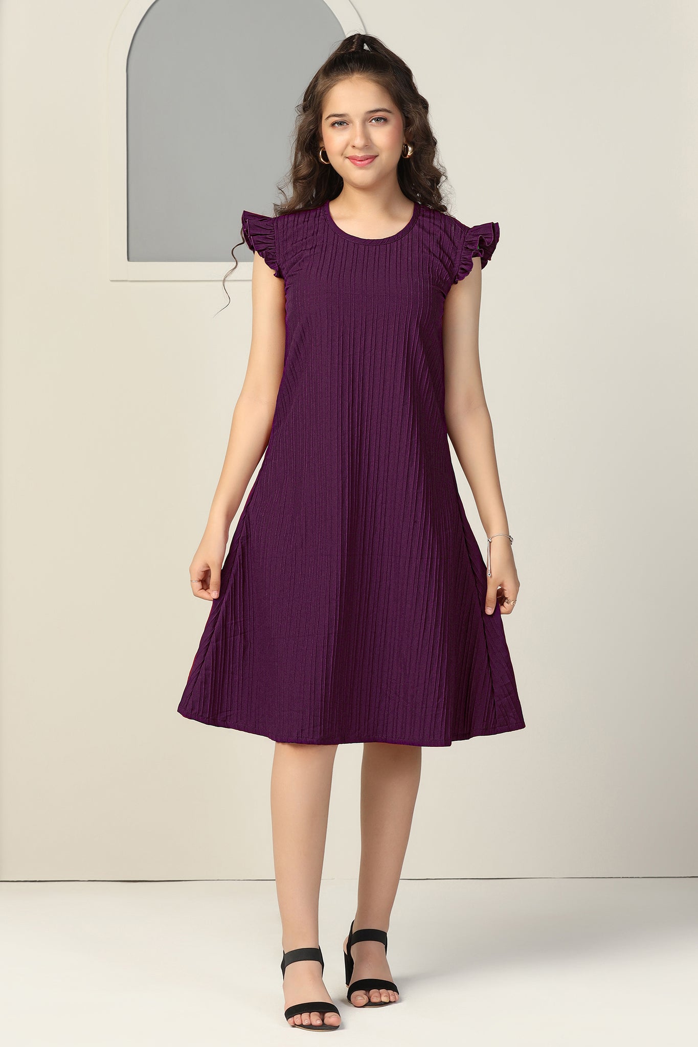 Girls Dark Purple Cotton Blend Solid A-line Casual Knee Length Dress Girls Dark Purple Cotton Blend Solid A-line Casual Knee Length Dress