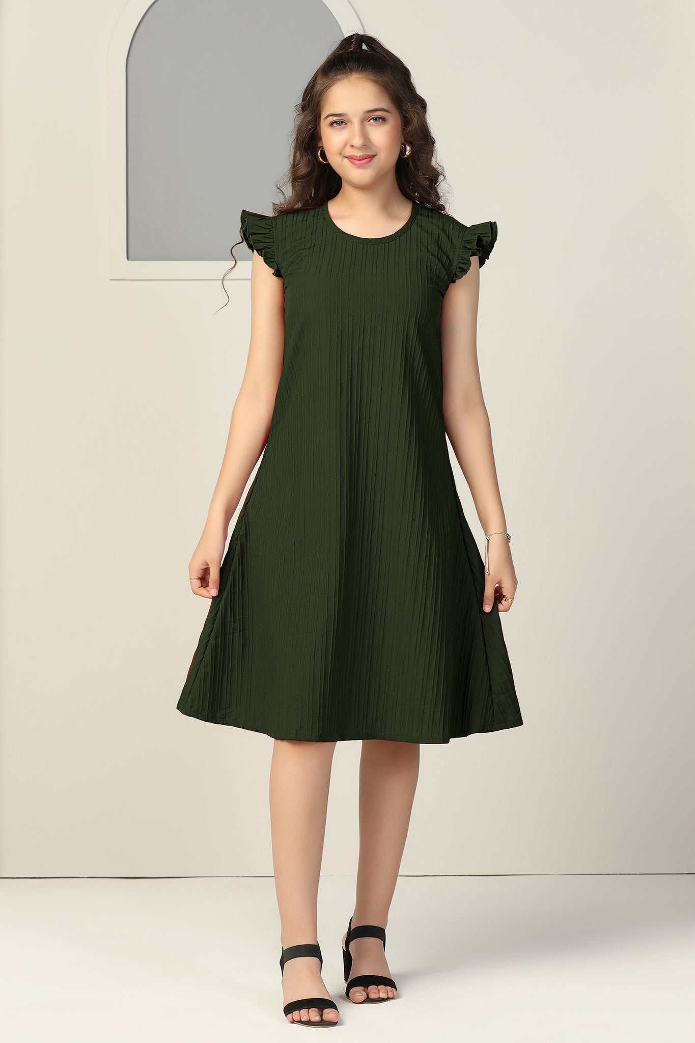 Girls Olive Cotton Blend Solid A-line Casual Knee Length Dress