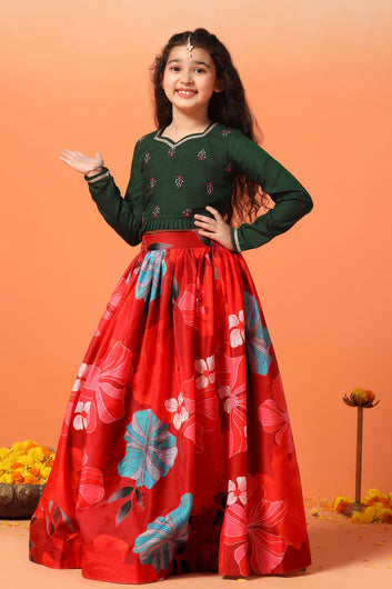Girls Chanderi Silk Floral Lehenga Choli With Dupatta Set