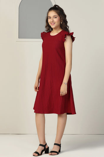 Girls Maroon Cotton Blend Solid A-line Casual Knee Length Dress