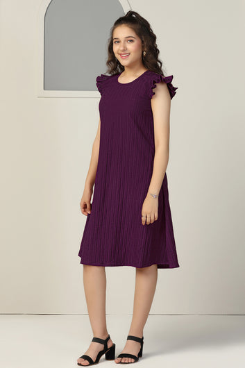 Girls Dark Purple Cotton Blend Solid A-line Casual Knee Length Dress