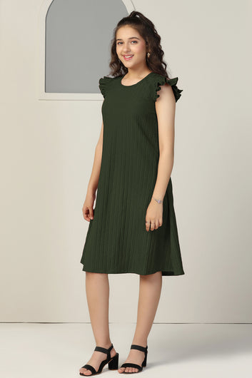 Girls Olive Cotton Blend Solid A-line Casual Knee Length Dress