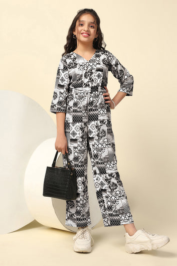 Girls Black Cotton Blend All-Over Printed A-Line Ankle Length Jumpsuit