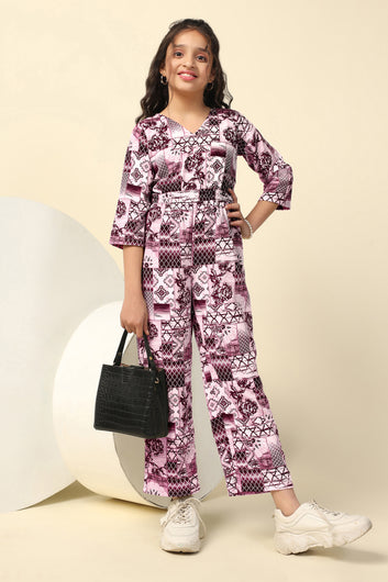 Girls Magenta Cotton Blend All-Over Printed A-Line Ankle Length Jumpsuit