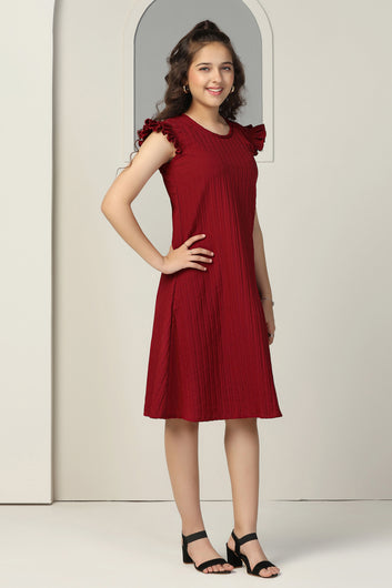 Girls Maroon Cotton Blend Solid A-line Casual Knee Length Dress