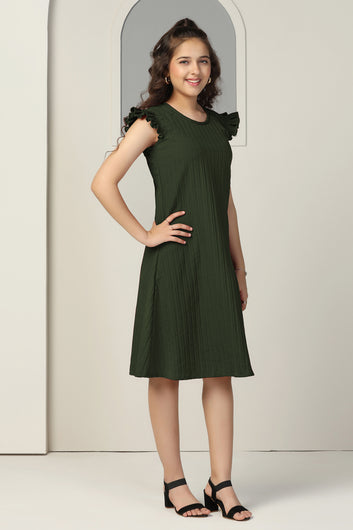 Girls Olive Cotton Blend Solid A-line Casual Knee Length Dress