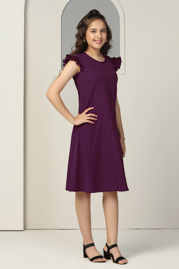 Girls Dark Purple Cotton Blend Solid A-line Casual Knee Length Dress